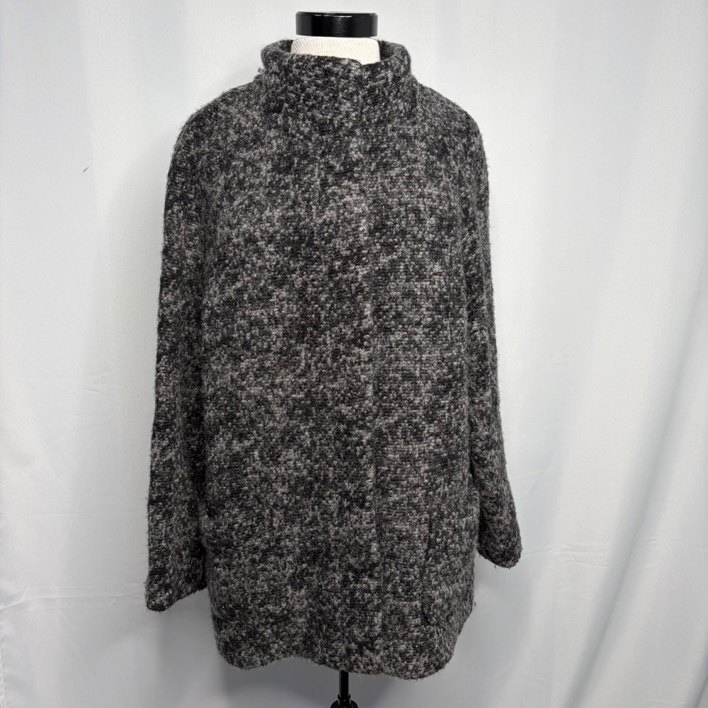 Talbots Gray Black Wool Blend Boucle Mock Collar Car Sweater Coat Jacket